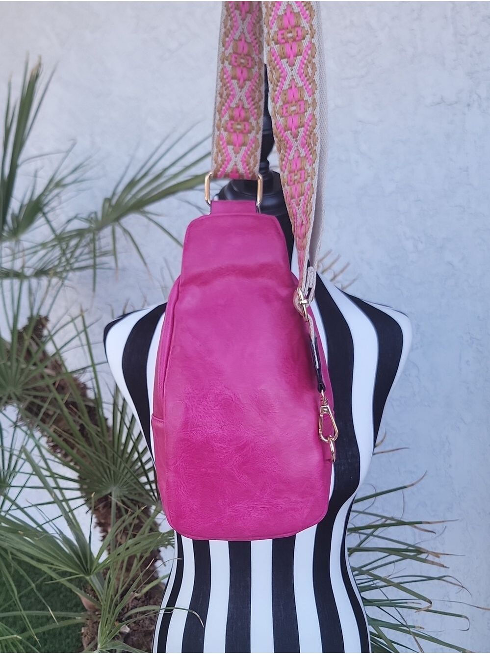 Fuchsia Vegan Leather cross body Sling Bag with Guitar Strap - Picture 7 of 9